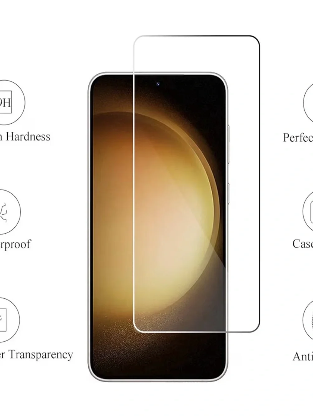Clear Tempered Glass Screen Protector with Black Camera Lens Rings